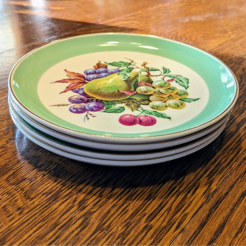 W S George 4 Vintage Fruit Motif Salad Plates 7.25" Apple Grape Pear Plum Gold - Picture 12 of 12